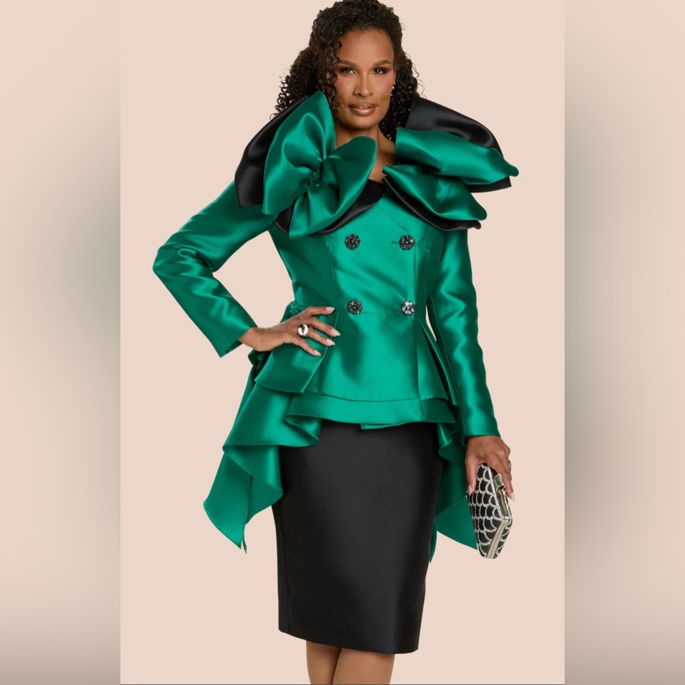 Donna Vinci Emerald Green 2pc Double Bow Jacket & Skirt Suit with Rhinestone
